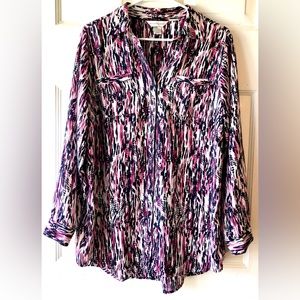 Christopher & Banks Rose Pink Black Gray Abstract Poly Button Up Blouse Sz Large